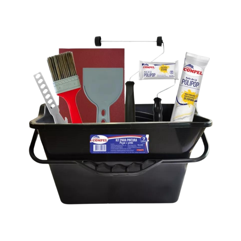 Kit 7 Peças Pintura Parede Teto Rolo Pop + Pincel + Espatula + Caçamba Compel