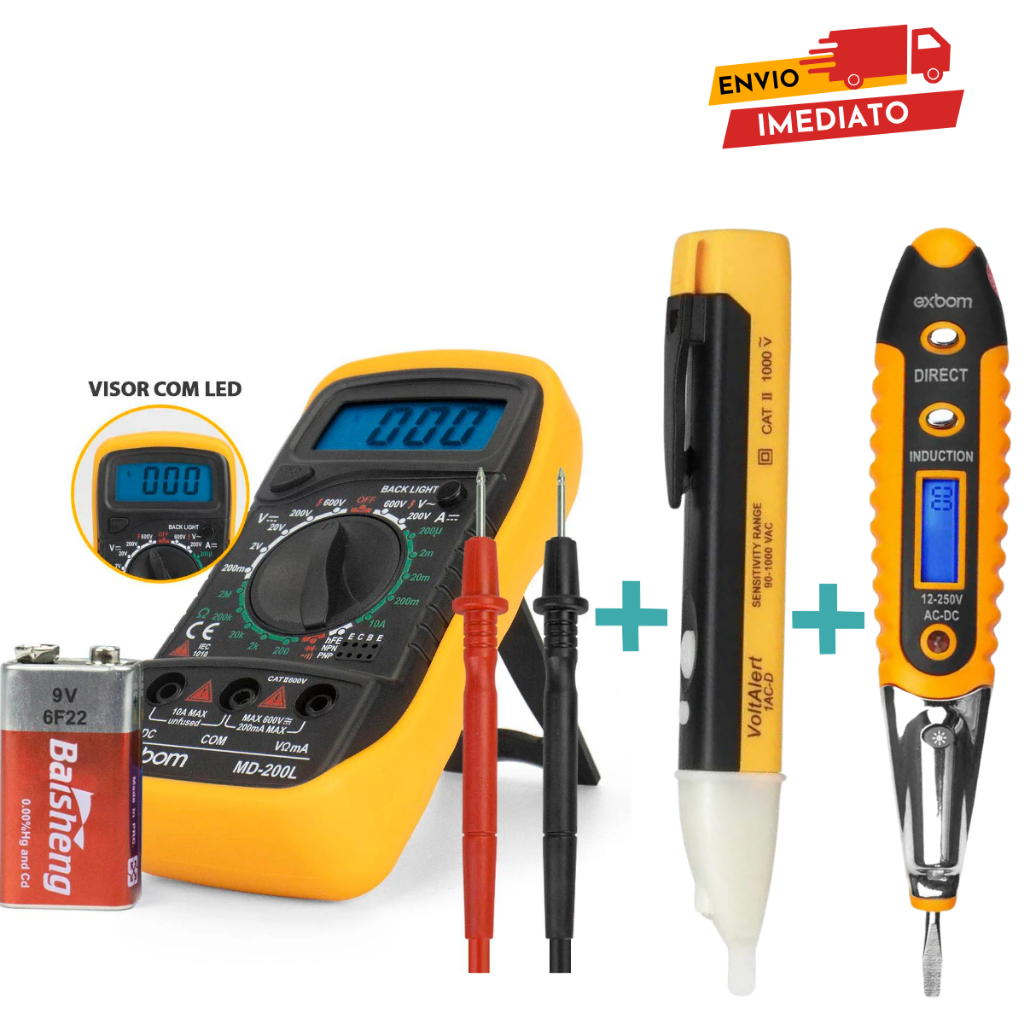 Kit 3x1 Caneta Detectora Corrente + Chave Teste + Multímetro Profissional Painel digital bateria 9V em Oferta na Shopee