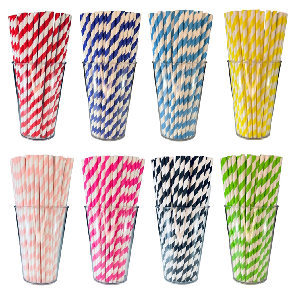 50 Canudos Papel Biodegradável 6mmx19,7cm Listrado 2 Cores