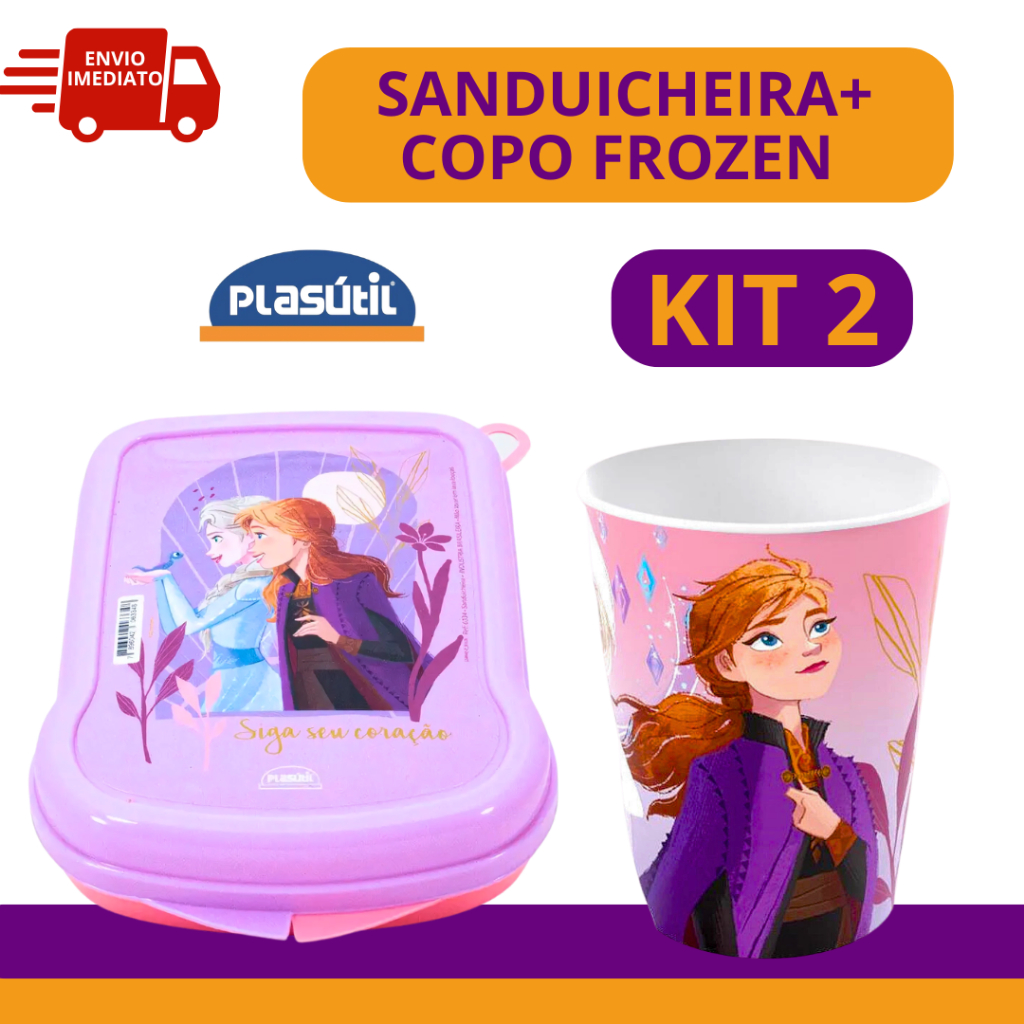 Kit Sanduicheira Lancheira e Copo 320ml Frozen Elsa e Anna Infantil Lanche Plasútil