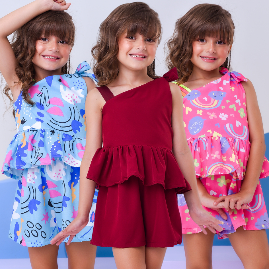 Conjunto Infantil Menina Blusa e Short Liso e Estampado Diversas Estampas Verão Confortável Estiloso