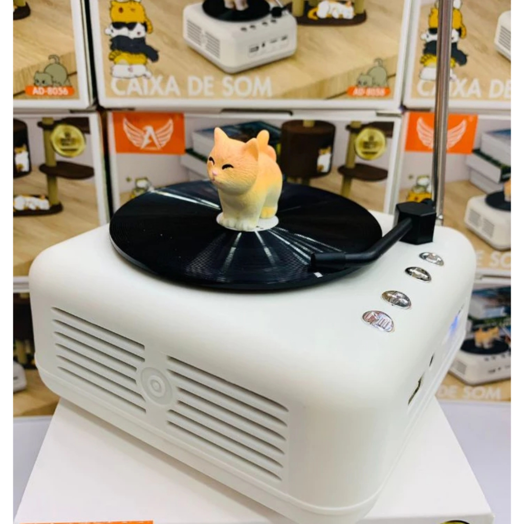 Caixinha de Som Retrô com Rádio FM/AM, Bluetooth e Gatinho Dançante