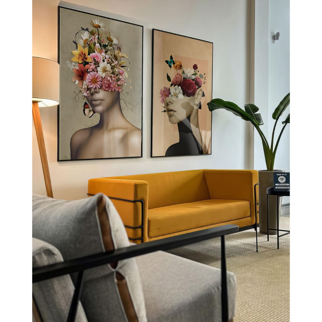 Imagem Kit 2 Quadros Decorativos Com Moldura E Vidro Grande Sala Quarto Escritório Colagem Mulheres Flores