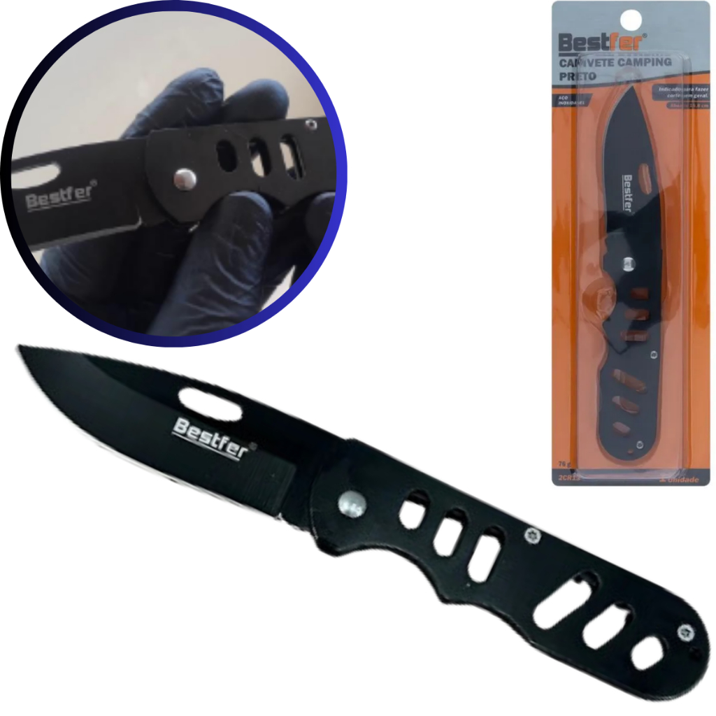 Canivete Camping Preto 15,8 Cm 1.8mm Aço Inox Bestfer Canivete Utilitario Para Acampamento Aço Inoxidavel