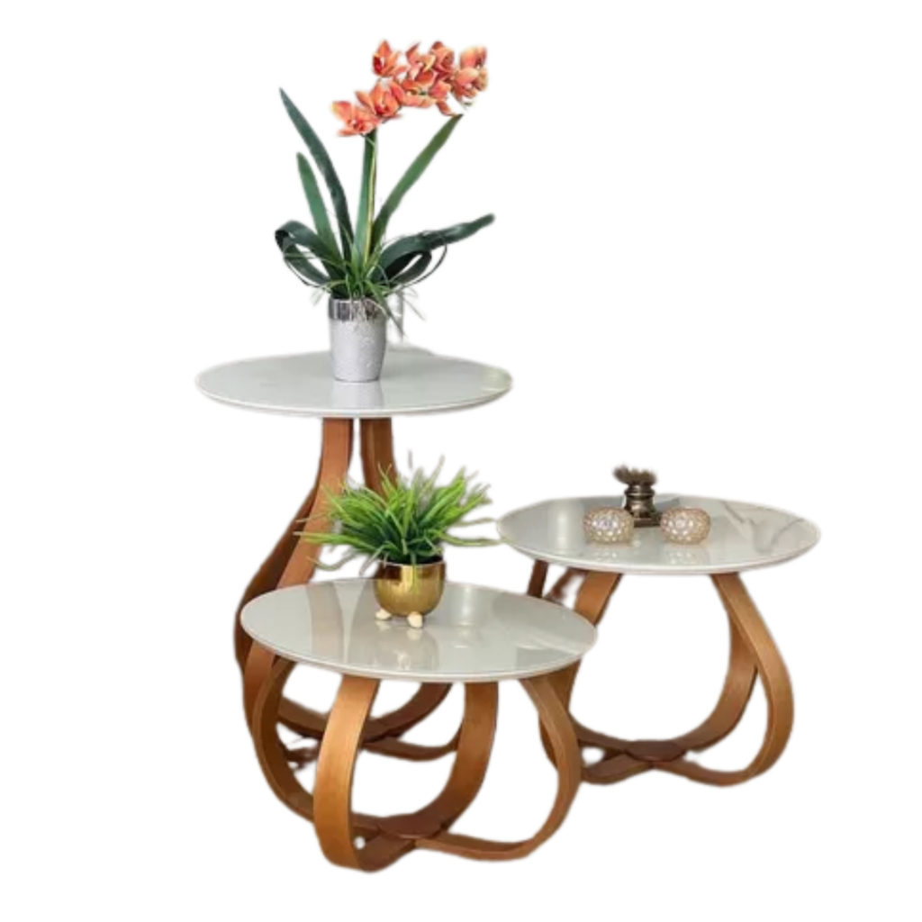 Kit Três Mesas Modelo Cebola, Luxo e Sofisticação. Mesa de Madeira com Vidro Laqueado em Oferta na Shopee