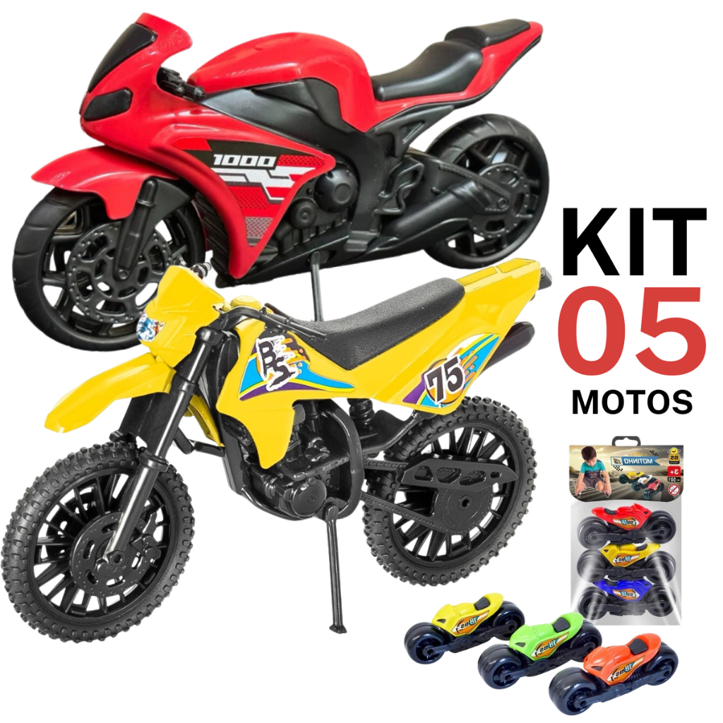 Kit Motos de Brinquedo Menino Moto Esportiva e Moto de Trilha +3 Mini Brinquedos Atacado Resistente