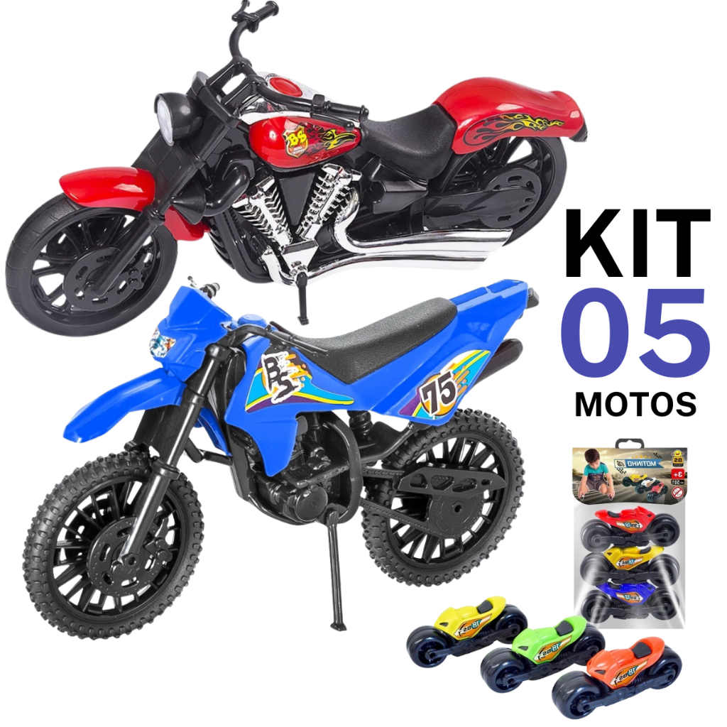 Kit 5 Motos de Brinquedo Para Meninos Motinha Trilha Moto Harley Chopper e 3 Mini Motinhas Atacado