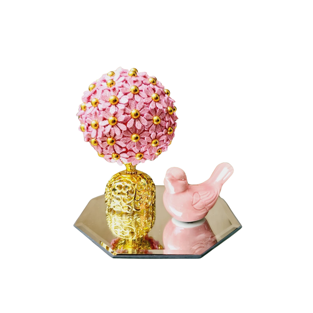 Kit Vaso Decorativo Com Flores Artificiais 12cm + Enfeite Pássaro Rosa Cerâmica + Bandeja Espelhada 15x15cm