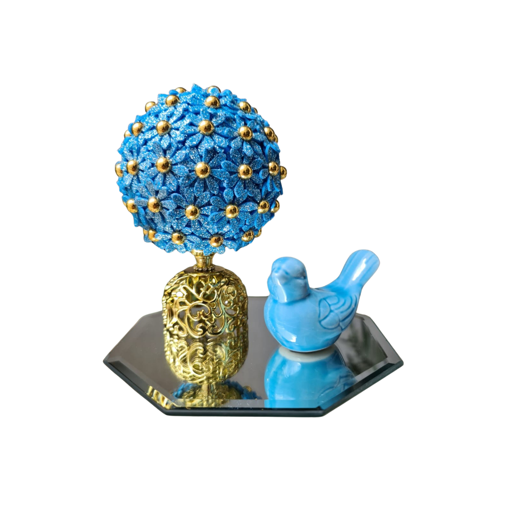 Kit Vaso Decorativo 12cm Com Flores Artificiais E.V.A + Enfeite Pássaro Azul + Bandeja Espelhada