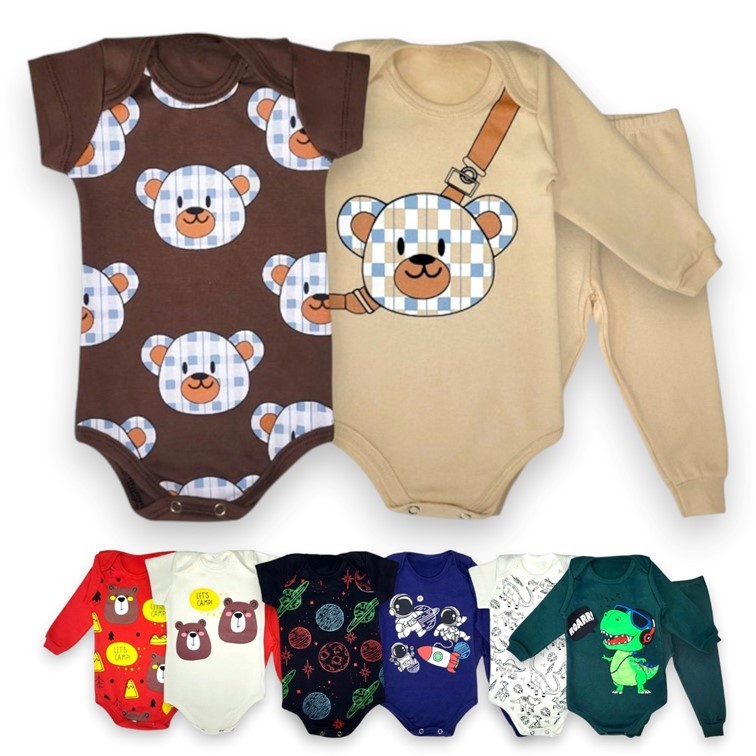 Body Trijunto longo Menino 3 peças  Body Manga longa, manga curta e calça mijão Tamanho RN ao GG. em Oferta na Shopee