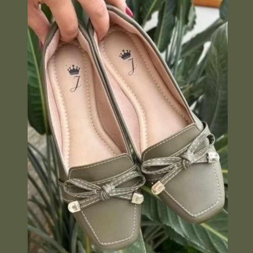 Mocassim Feminino Bico Quadrado Verde Militar Laço Delicado Sapatilha Feminina Calçado Casual