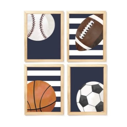 Quadros decorativos 4 peças tema Esportes Futebol- Futebol Americano- Beiseball   Basquete  Infantil