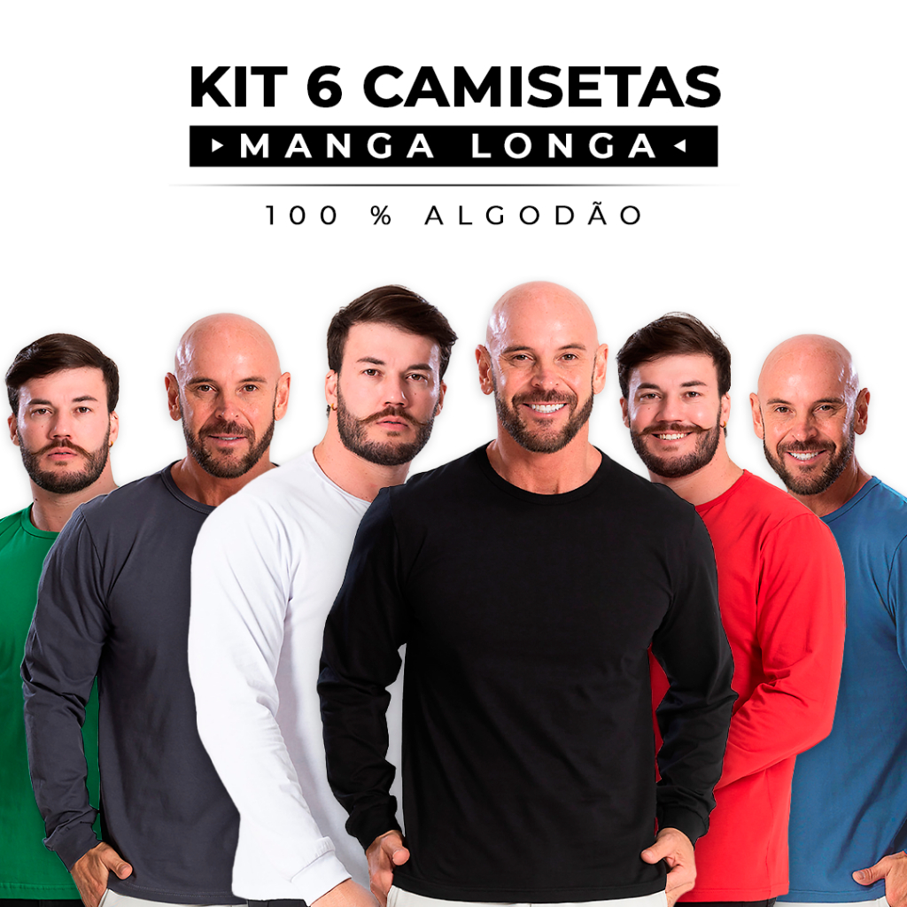 Kit 6 Camisetas Manga Longa 100% Algodão Masculina Lisa Slim Premium Com Punho Gola Redonda Trabalho Frio Manga Comprida