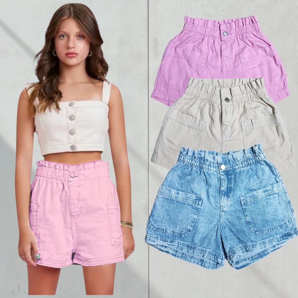 Short Jeans Sarja Jeans Menina Infantil Bolsos Moda Verão
