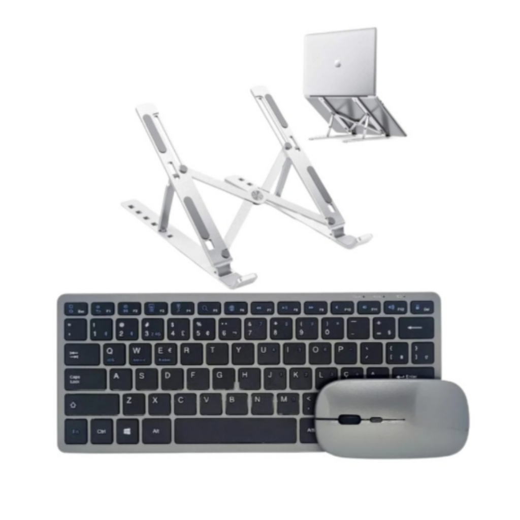 Suporte de Alumínio + Teclado e Mouse Recarregável Bluetooth/Wireless para Noteb