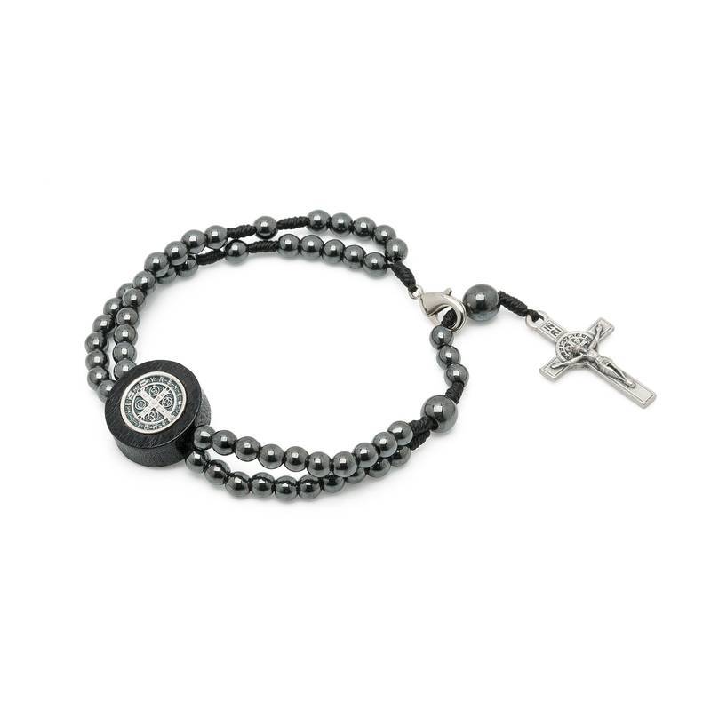 Pulseira Terço Medalha de São Bento e Crucifixo- Contas em Hematita - Regulável