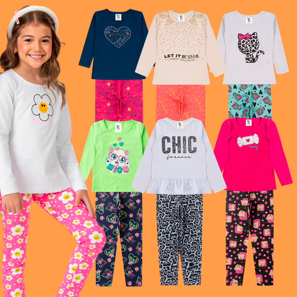 Kit 6 Peças Meia Estação | 3 Blusas + 3 Legging Menina Conjunto Estampado Infantil Lançamento