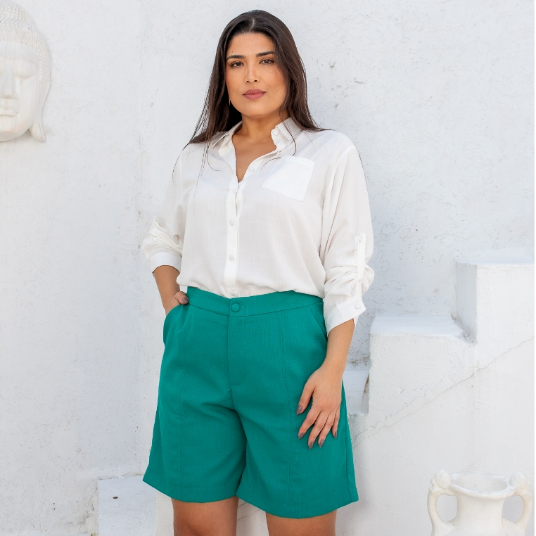 Short Feminino Alongado Plus Size em Linho Cintura Alta Alfaiataria Social Elegante Verão Conforto