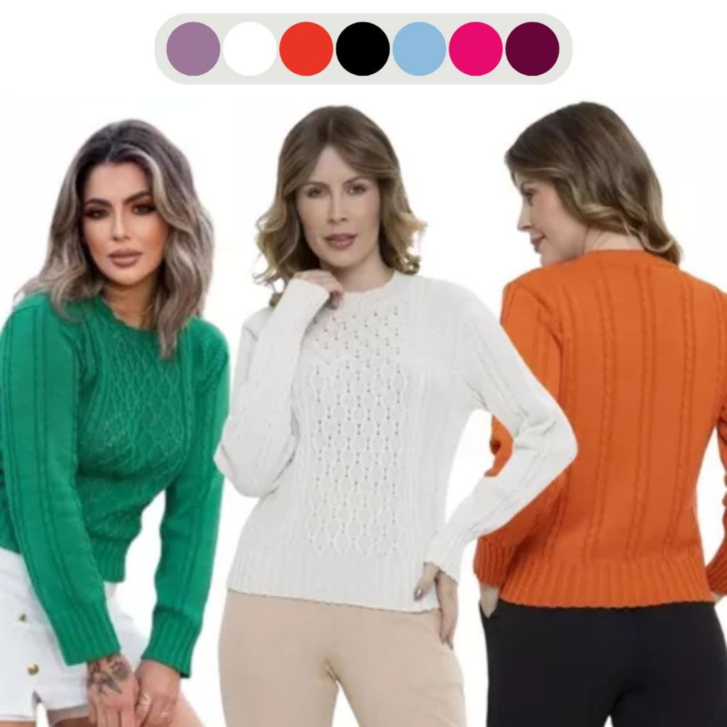 Blusa Feminina Tricot Trama Manga Longa Inverno Detalhes Em Relevo Elegante Estilosa