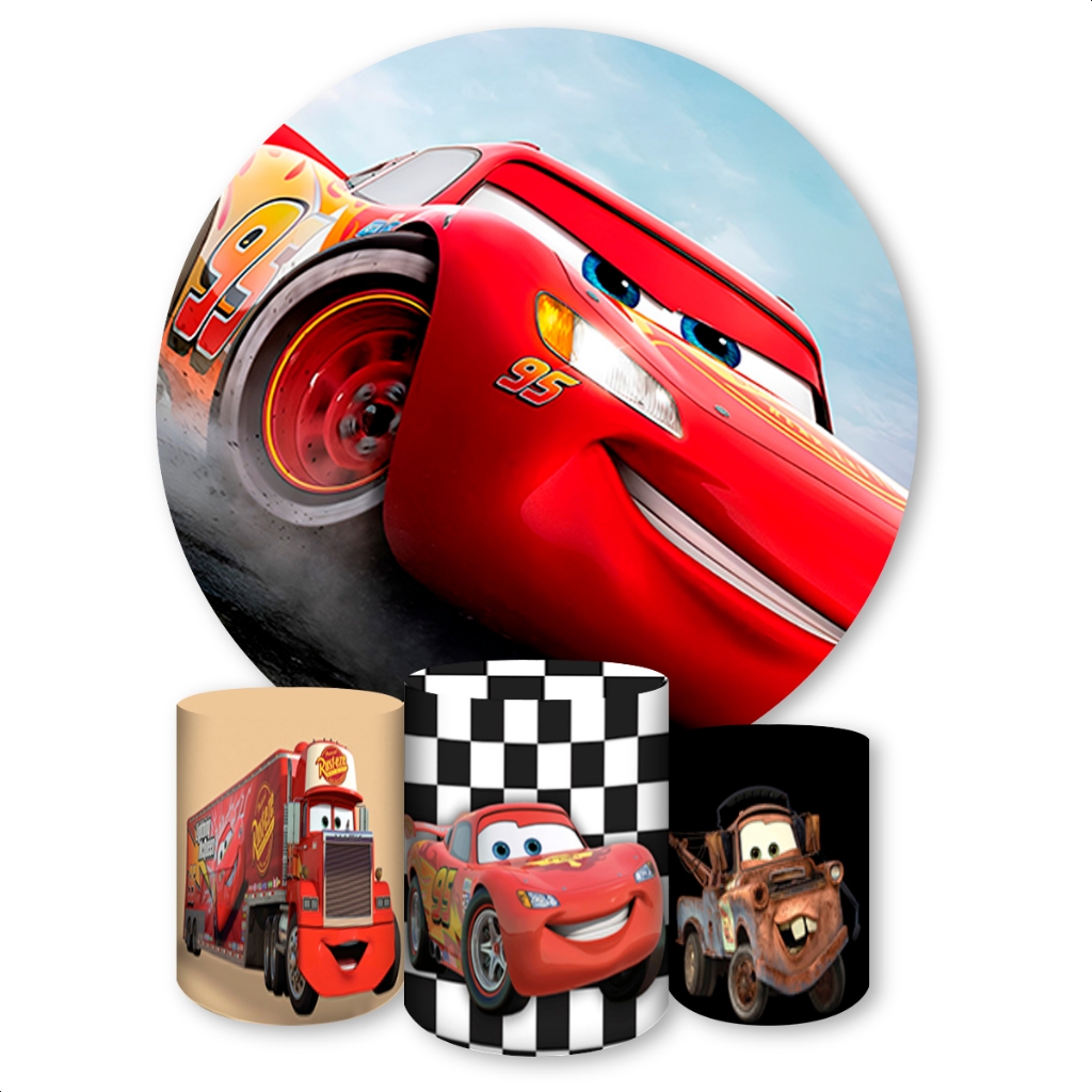 Kit Capa Painel Redondo + Capas Cilindros Sublimados Para Festas Tema Carros Relâmpago