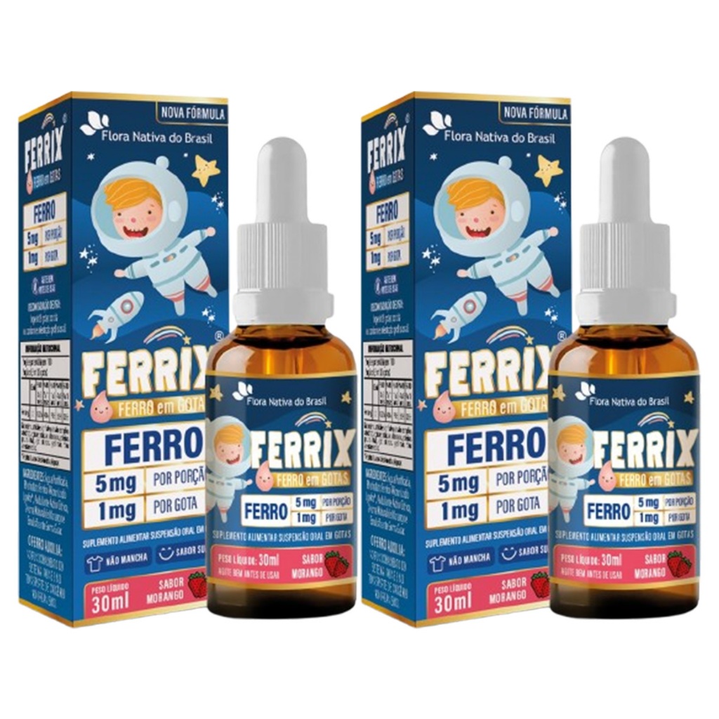 2 Vitamina Ferrix Gotas 30ml Sabor Morango