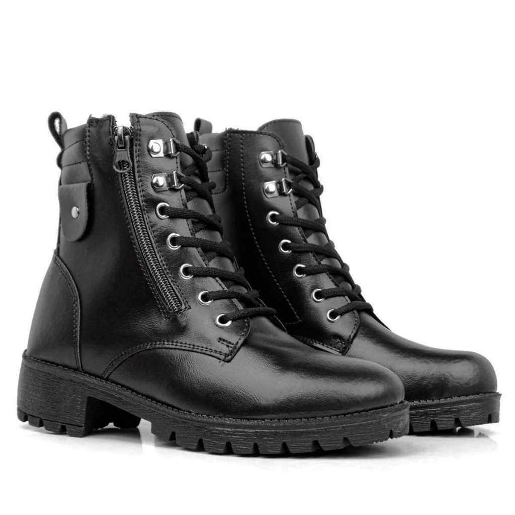 Coturno Casual Botinha Preta Feminina Bota Cano Curto Militar Salto Baixo Zíper Moderna Confortável