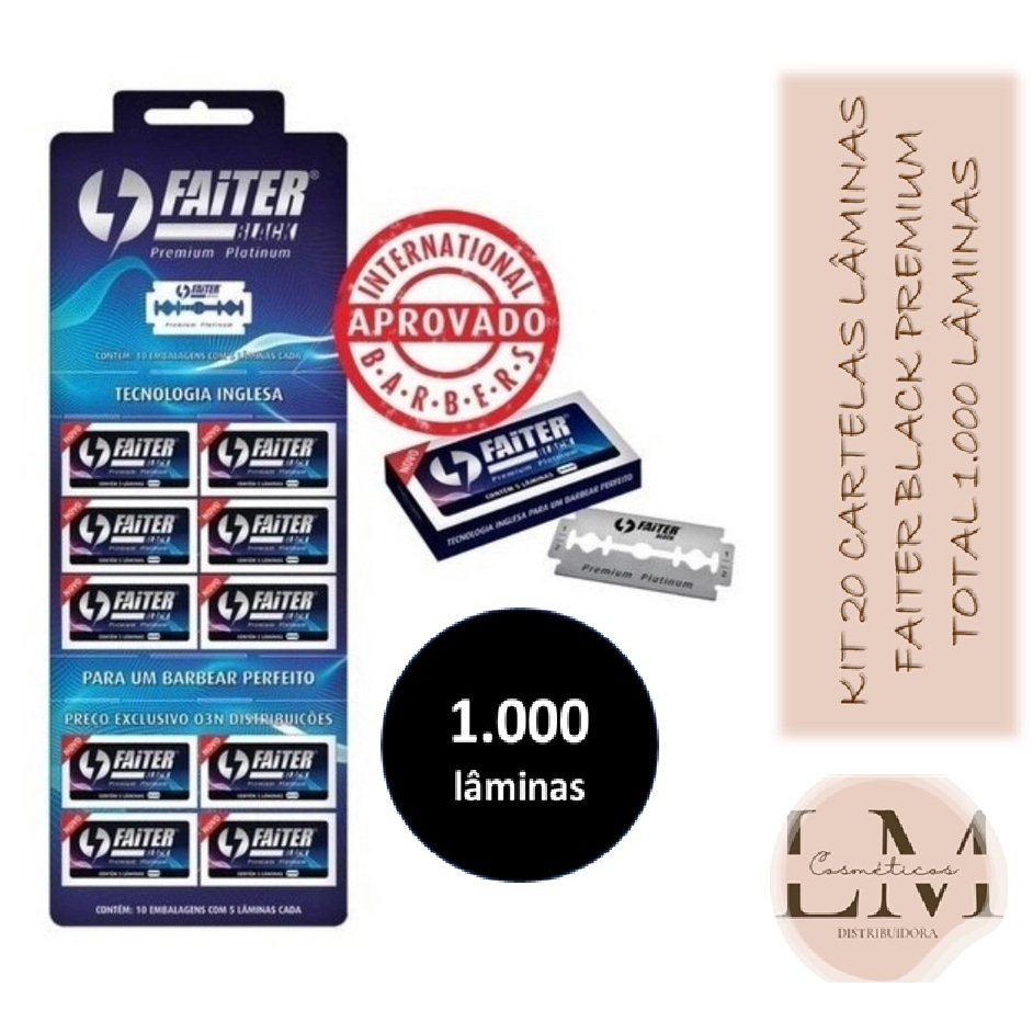 Kit 20 Cartelas Lâmina Faiter Descartável Barbear Black Premium Platinum com Tecnologia Inglesa 1.000un
