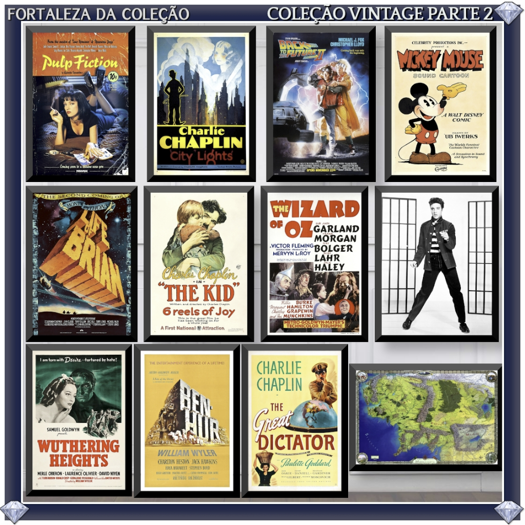 Quadros de Filmes, Desenhos e Música: Pulp Fiction, Elvis Presley, Mickey, O Mágico de Oz, Charlie Chaplin Vintage 2025