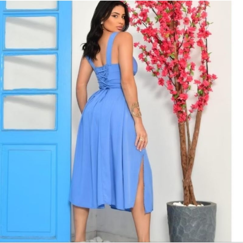 VESTIDO MIDI COM AMARRAÇÃO NAS COSTAS LISO VERÃO P M G em Oferta na Shopee