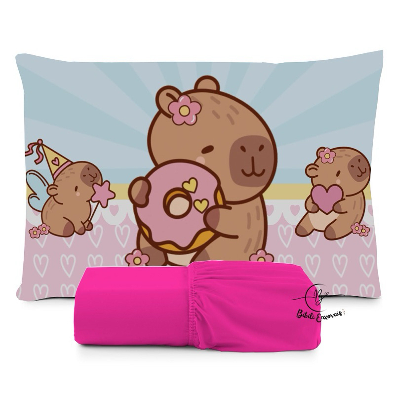 JOGO DE LENÇOL SOLTEIRO INFANTIL FRONHA DE TRAVESSEIRO CAPIVARA FOFA ,ROSQUINHA MENINA LENÇOL DE ELÁSTICO