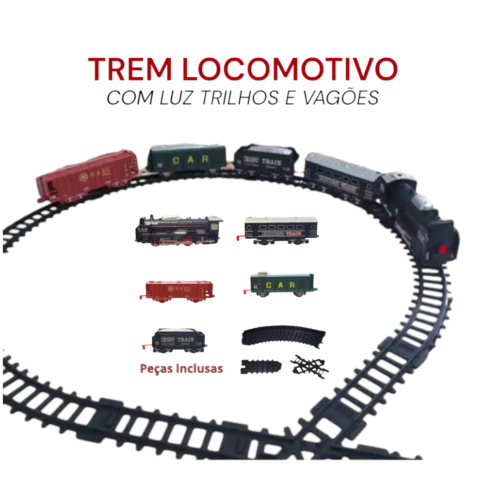 Trem de Brinquedo Infantil Locomotivo Com Luz 5 Trilhos + Vagões