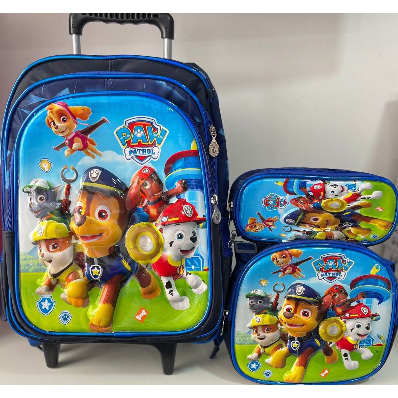KIT MOCHILA ESCOLAR INFANTIL PATRULHA CANINA 3D COM RODINHAS/MOCHILA LANCHEIRA TÉRMICA ESTOJO/MOCHILA PARA MENINO/COSTAS