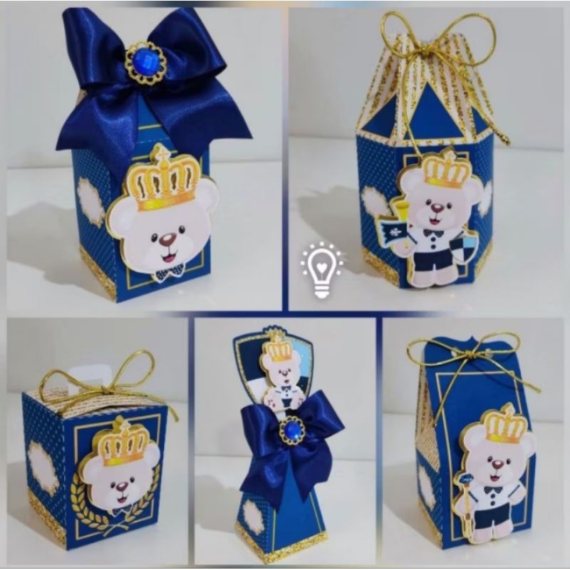 40 mini caixinhas personalizadas Ursinho Príncipe Azul e Dourado | Recorte e Monte | Lembrancinhas Personalizadas