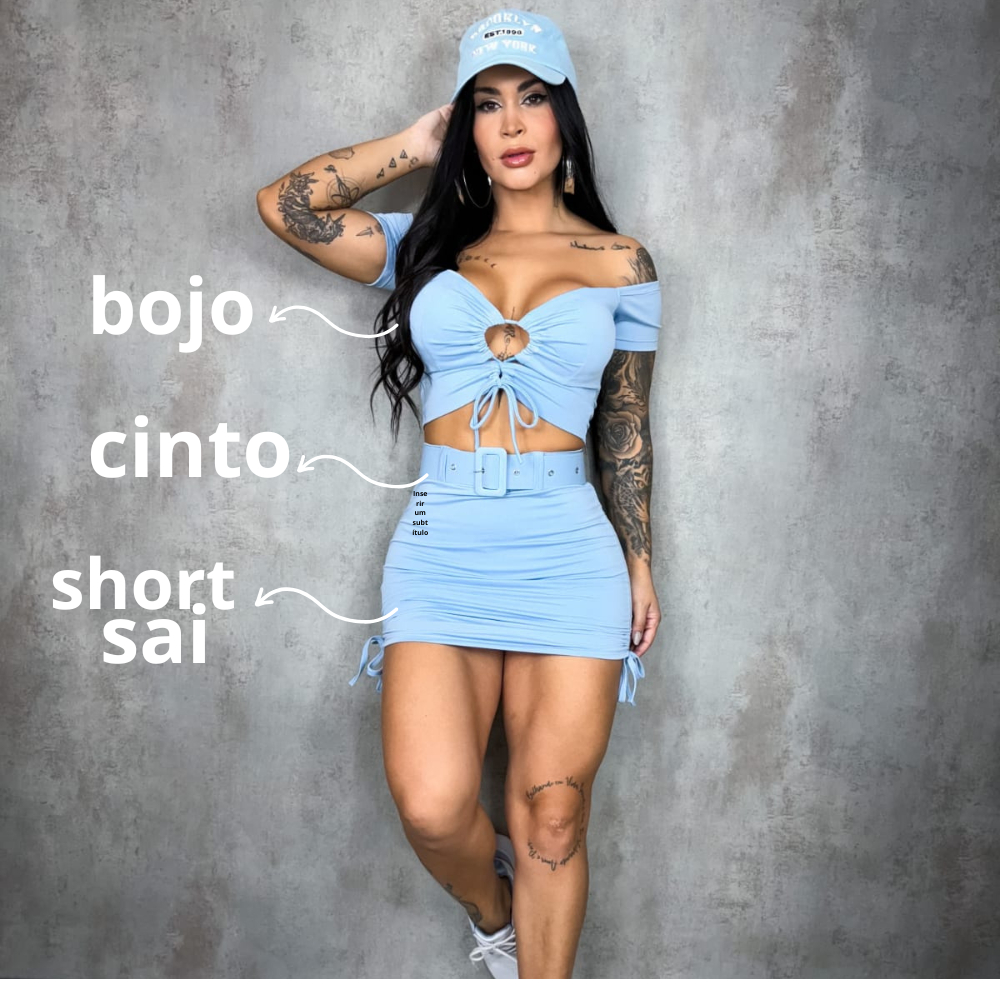 Conjunto  Feminino Short ,Saia ,Blusa ombro a ombro Ciganinha Com Bojo ,Cinto M e G em Oferta na Shopee