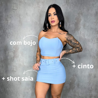 Conjunto Feminino Tomara Que Cai Cropped/ Morcego / Bojo + Saia/ Short e Cinto suplex M38  e G40-42 em Oferta na Shopee