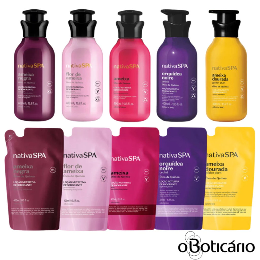 Loção Hidratante Corporal Nativa Spa (o Boticário): Ameixa, Lilac, Orquídea Noire, Quinoa, Rosé
