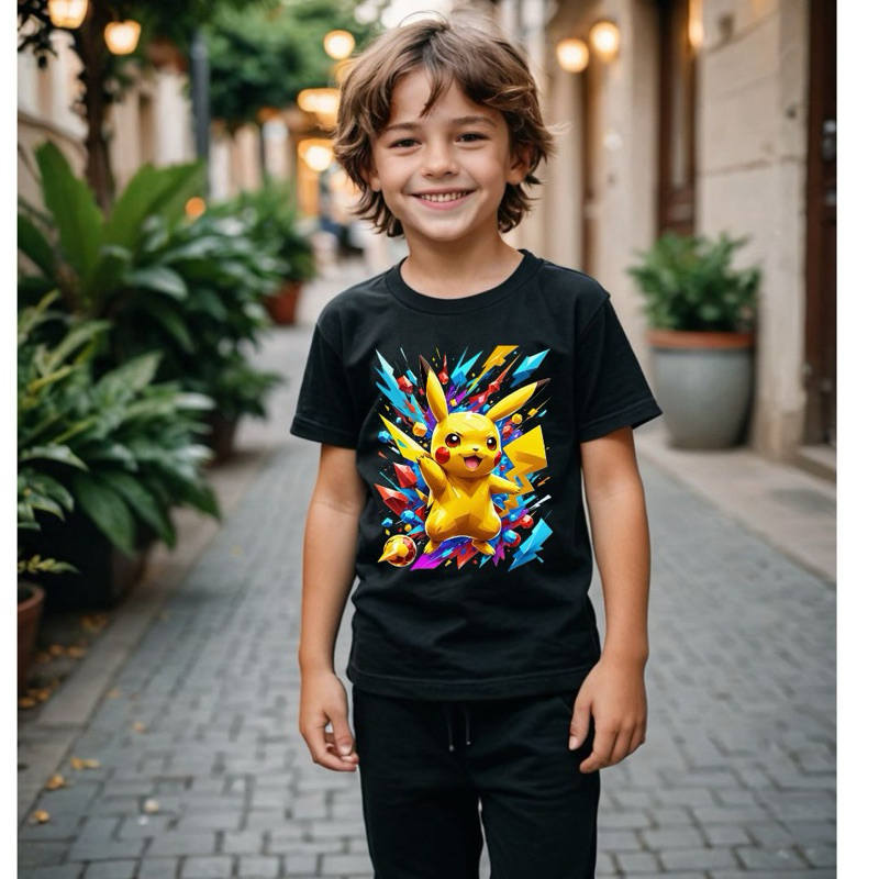 Camiseta Algodão Manga Curta Pokémon Pikachu Colors Raio Choque do Trovão Casual Infantil Adulto e Plus Size