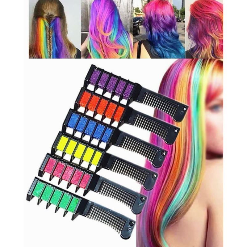 Pente com Giz Pastel Tintura Cabelo Temporária: Kit 6 Cores. unissex, adulto e infantil. Produto atóxico. Festas, dança.