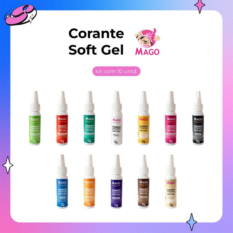 Corante Mago Soft Gel 15g (kit com 10 unidades) Comestível Alimentício Bolo Chantilly Pasta Americana