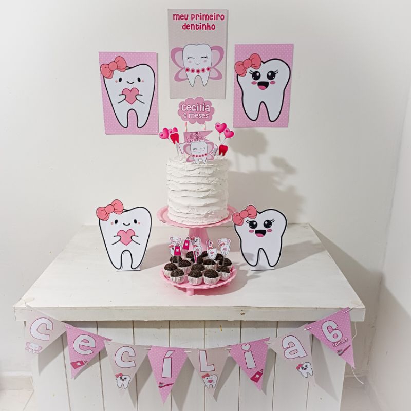 Kit Festa Meus primeiros Dentinhos menina Personalizado Só Um Bolinho Festa em Casa Aniversário Infantil Mesversário