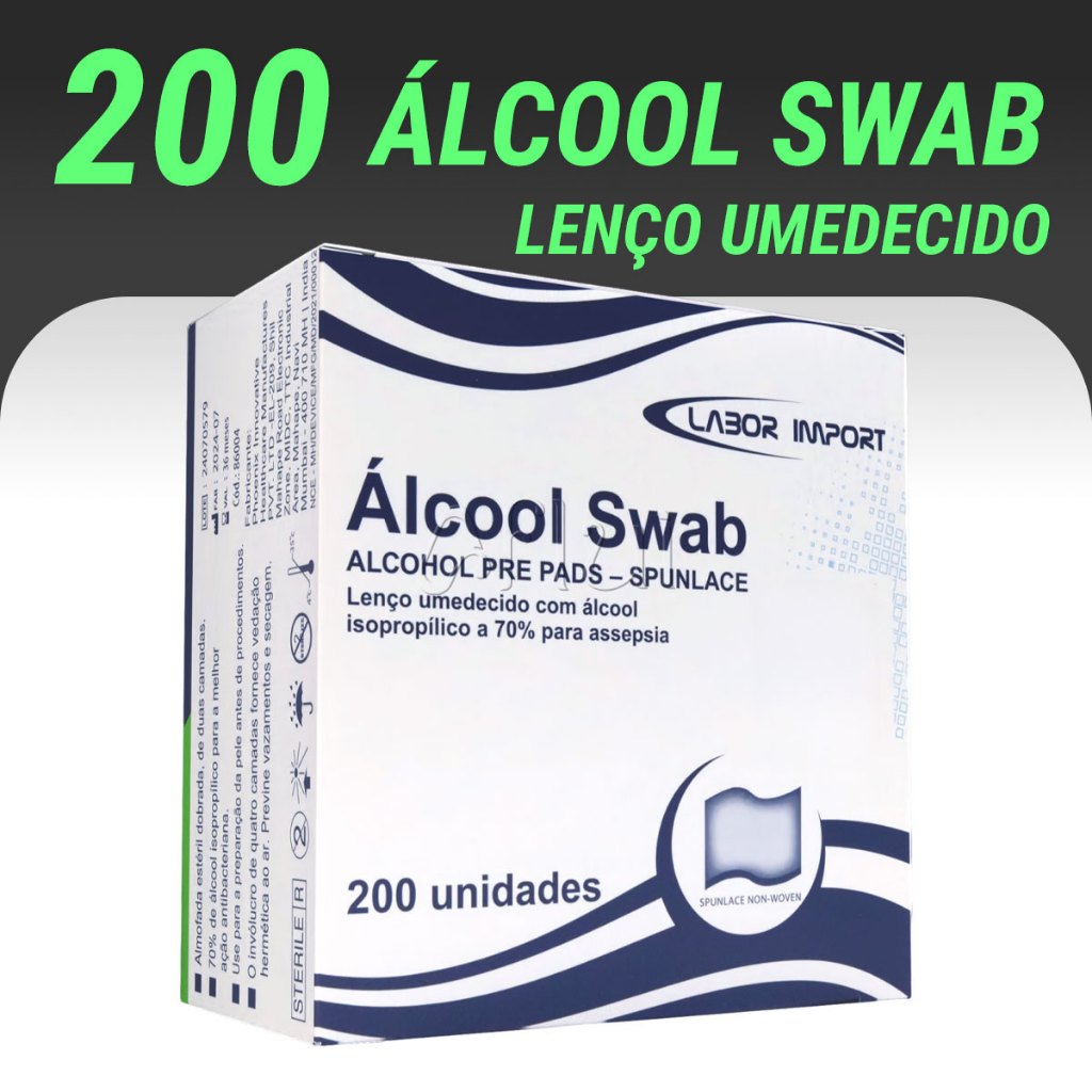 Álcool Swab 70% Sachês 200 un Lenços Umedecidos para Assepsia Dupla Camada