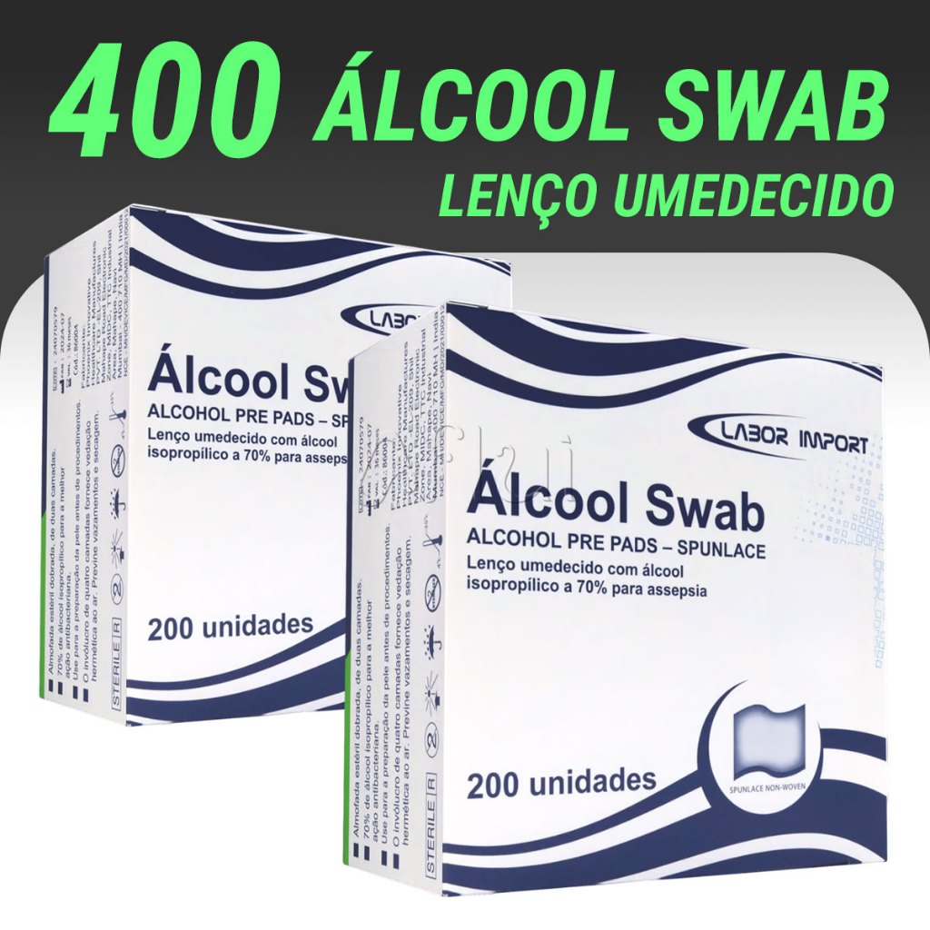 Álcool Swab 70% Sachês 400 un Lenços Umedecidos para Assepsia Dupla Camada