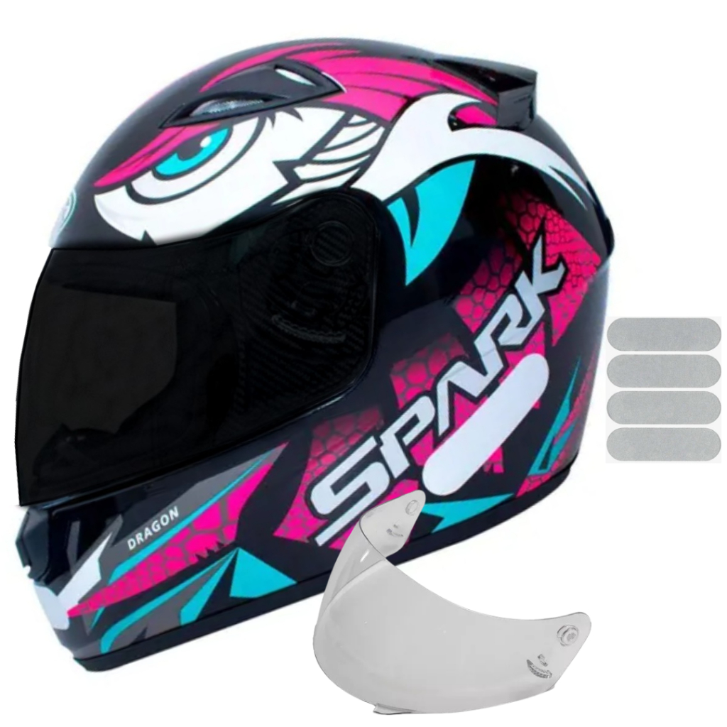 Capacete Ebf Spark Dragon Preto Rosa Mais Viseira Fumê e Adesivo Branco