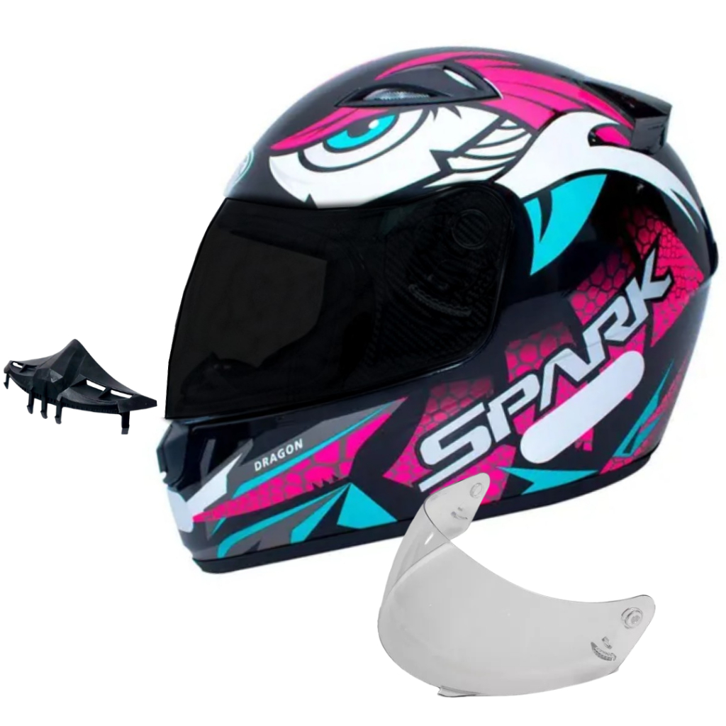 Capacete Feminino Fechado Ebf Spark Dragon Preto Rosa Com Narigueira E Viseira Fumê