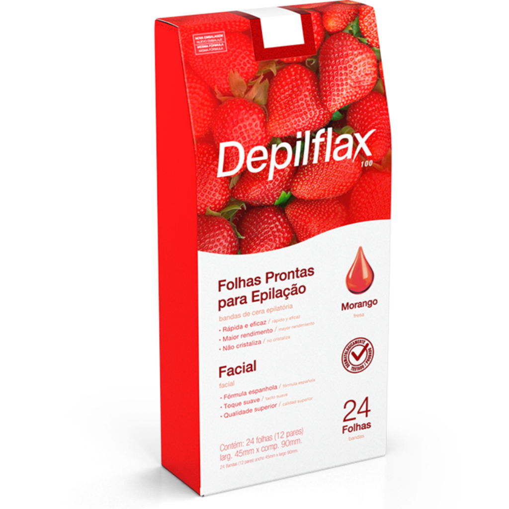 24 Folhas Prontas Depilação Facial Morango Natural Hortelã Fórmula Espanhola Depilflax