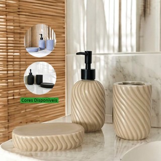 Kit Banheiro 3 Peças de Cerâmica Texturizado Porta Sabonete Liquido Saboneteira Porta Escova