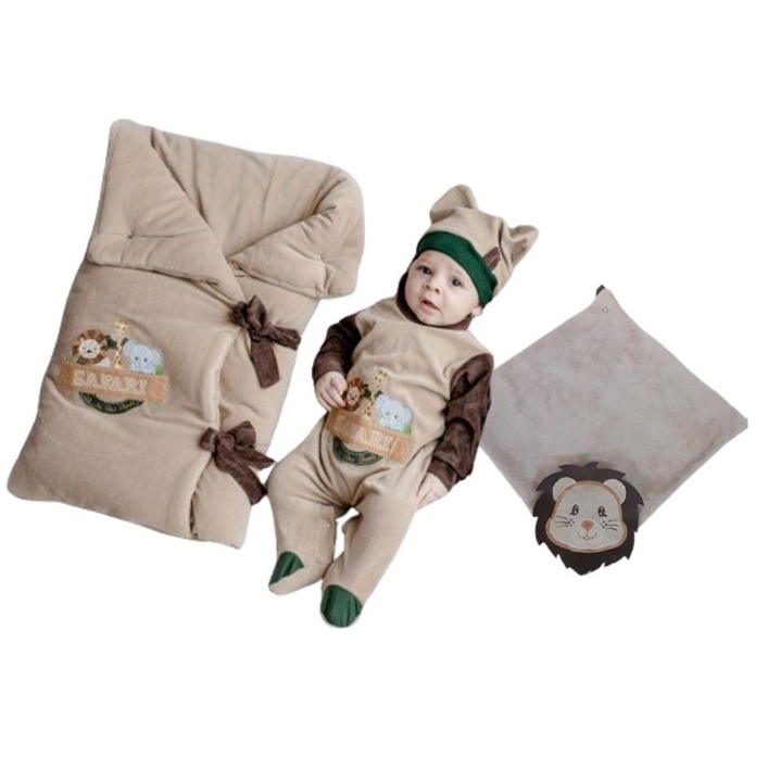 Kit Saida Maternidade Bebe Menino Animais Saco De Dormir Bege