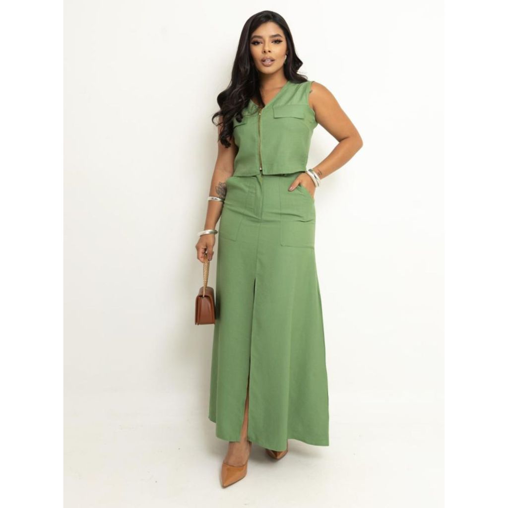 Conjunto Feminino Cropped Zíper Frontal e Saia Longa Fenda W2 em Oferta na Shopee