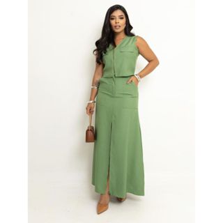 Conjunto Feminino Cropped Zíper Frontal e Saia Longa Fenda W2 em Oferta na Shopee