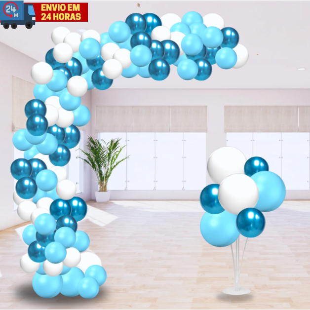 Kit 125 Balões Azul Claro + Branco + Azul Metalizado - Balão Bexiga Candy/Cromado Para Festas
